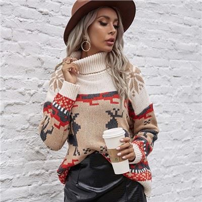 Stickerei-Weihnachts-Rollkragenpullover für Damen